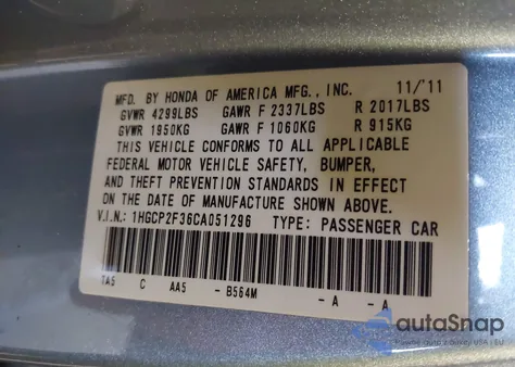 2012 Honda Accord 2.4 Lx z USA, uszkodzony, nr VIN 1HGCP2F36CA051296